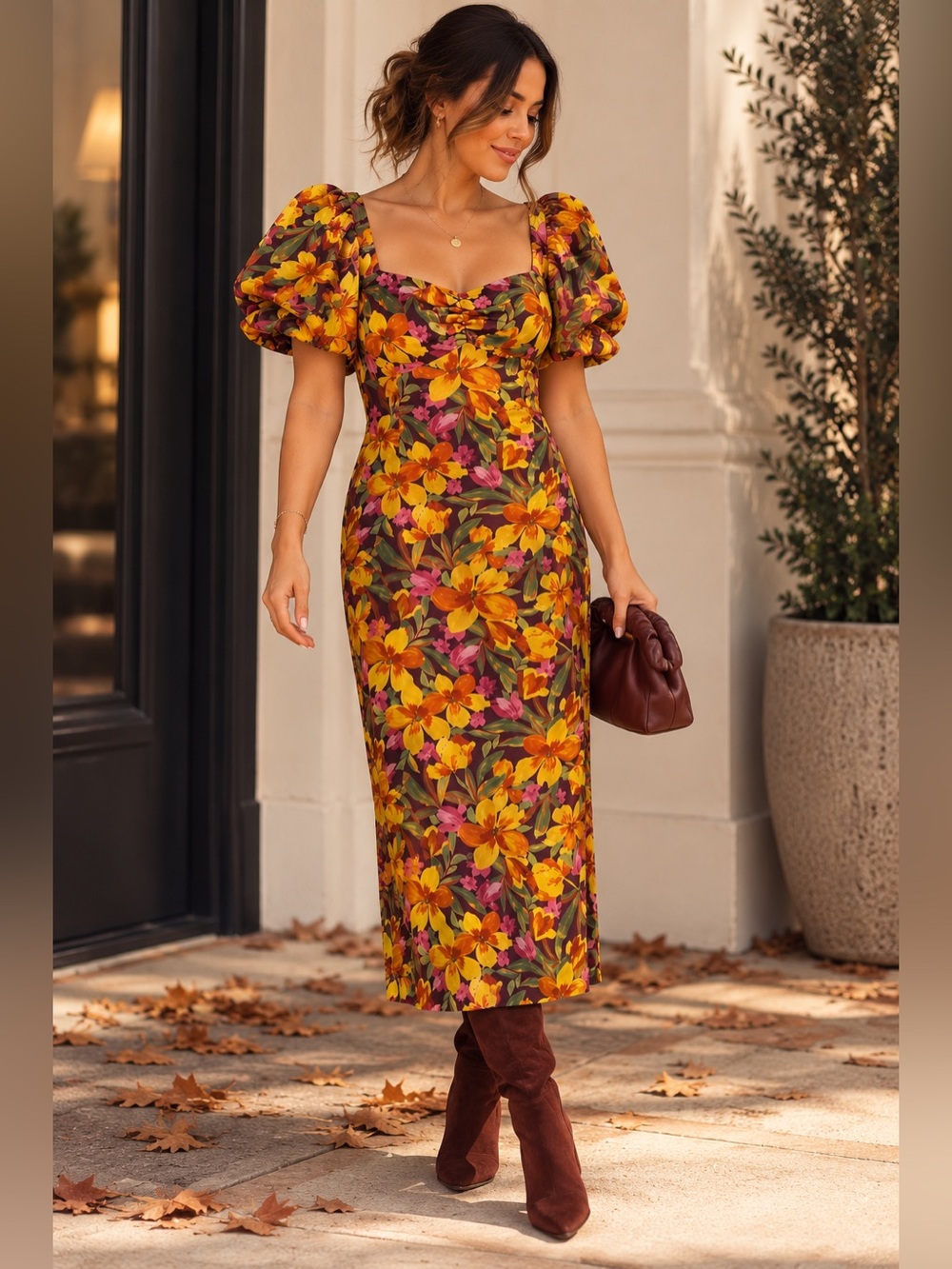 Adelyn Rae Floral Puff Sleeve Midi Dress Fall Cottagecore S